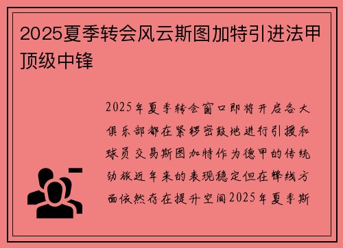 2025夏季转会风云斯图加特引进法甲顶级中锋