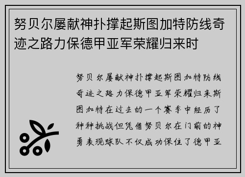 努贝尔屡献神扑撑起斯图加特防线奇迹之路力保德甲亚军荣耀归来时 努贝尔屡献神扑撑起斯图加特防线奇迹之路力保德甲亚军荣耀归来时