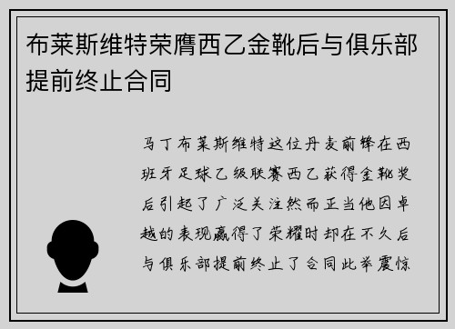 布莱斯维特荣膺西乙金靴后与俱乐部提前终止合同