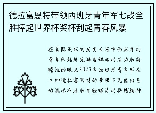 德拉富恩特带领西班牙青年军七战全胜捧起世界杯奖杯刮起青春风暴